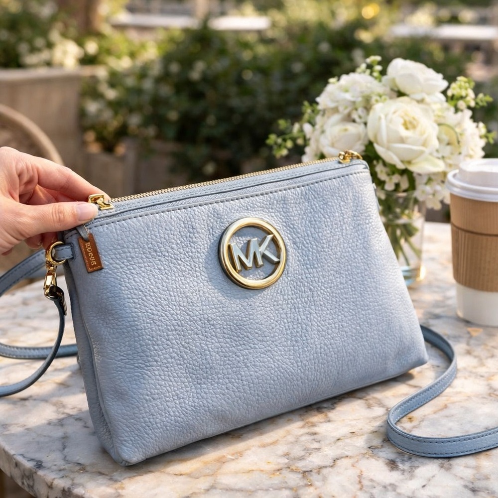 Michael Kors Fulton Pale Blue Pebbled with Gold Double Zip Leather Crossbody Bag
